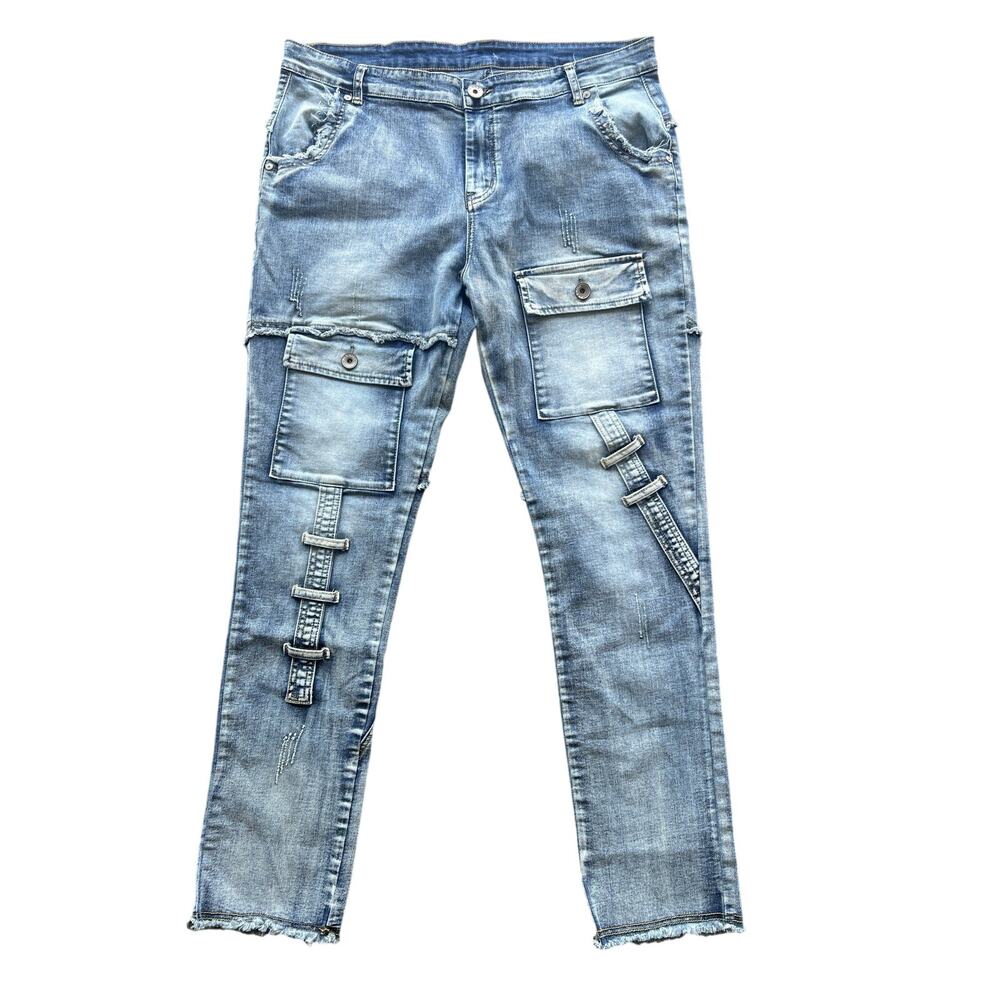 Mens Streetwear Jeans Size 36 Blue Denim Distressed Urban Hip Hop Stretch Pants